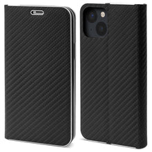 Afbeelding in Gallery-weergave laden, Moozy Wallet Case for iPhone 13 Mini, Black Carbon – Flip Case with Metallic Border Design Magnetic Closure Flip Cover with Card Holder
