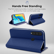 Załaduj obraz do przeglądarki galerii, Moozy Wallet Case for Huawei P30 Lite, Dark Blue Carbon – Metallic Edge Protection Magnetic Closure Flip Cover with Card Holder
