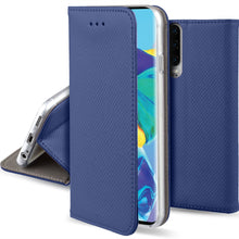 Charger l&#39;image dans la galerie, Moozy Case Flip Cover for Huawei P30, Dark Blue - Smart Magnetic Flip Case with Card Holder and Stand
