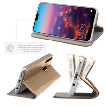 Załaduj obraz do przeglądarki galerii, Moozy Case Flip Cover for Huawei P20 Lite, Gold - Smart Magnetic Flip Case with Card Holder and Stand
