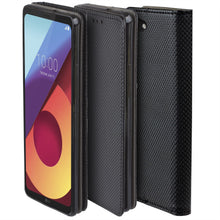 Carica l&#39;immagine nel visualizzatore di Gallery, Moozy Case Flip Cover for LG Q6, Black - Smart Magnetic Flip Case with Card Holder and Stand
