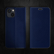 Ladda upp bild till gallerivisning, Moozy Wallet Case for iPhone 13, Dark Blue Carbon – Flip Case with Metallic Border Design Magnetic Closure Flip Cover with Card Holder
