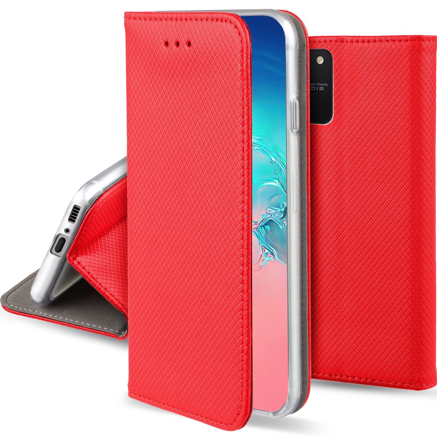 Moozy Case Flip Cover for Samsung S10 Lite, Red - Smart Magnetic Flip Case with Card Holder and Stand