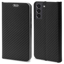 Charger l&#39;image dans la galerie, Moozy Wallet Case for Samsung S21 5G and 4G, Black Carbon – Flip Case with Metallic Border Design Magnetic Closure Flip Cover with Card Holder and Kickstand Function
