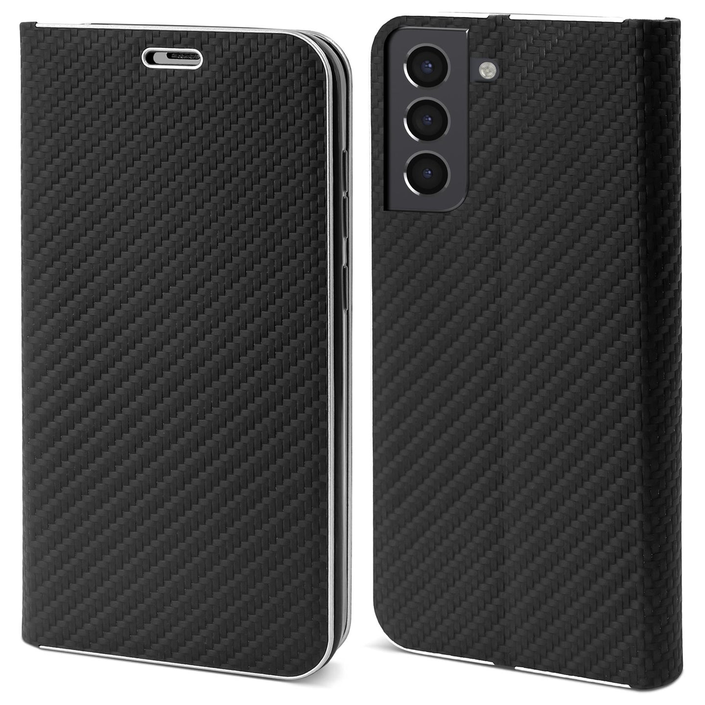 Moozy Wallet Case for Samsung S21 5G and 4G, Black Carbon – Flip Case with Metallic Border Design Magnetic Closure Flip Cover with Card Holder and Kickstand Function