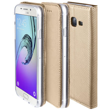 Load image into Gallery viewer, Moozy Case Flip Cover for Samsung J3 2016, Gold - Smart Magnetic Flip Case with Card Holder and Stand
