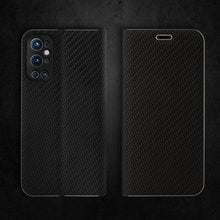 Carica l&#39;immagine nel visualizzatore di Gallery, Moozy Wallet Case for OnePlus 9 Pro, Black Carbon - Flip Case with Metallic Border Design Magnetic Closure Flip Cover with Card Holder and Kickstand Function
