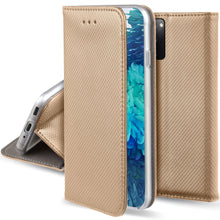 Cargar imagen en el visor de la galería, Moozy Case Flip Cover for Samsung S20 FE, Gold - Smart Magnetic Flip Case with Card Holder and Stand
