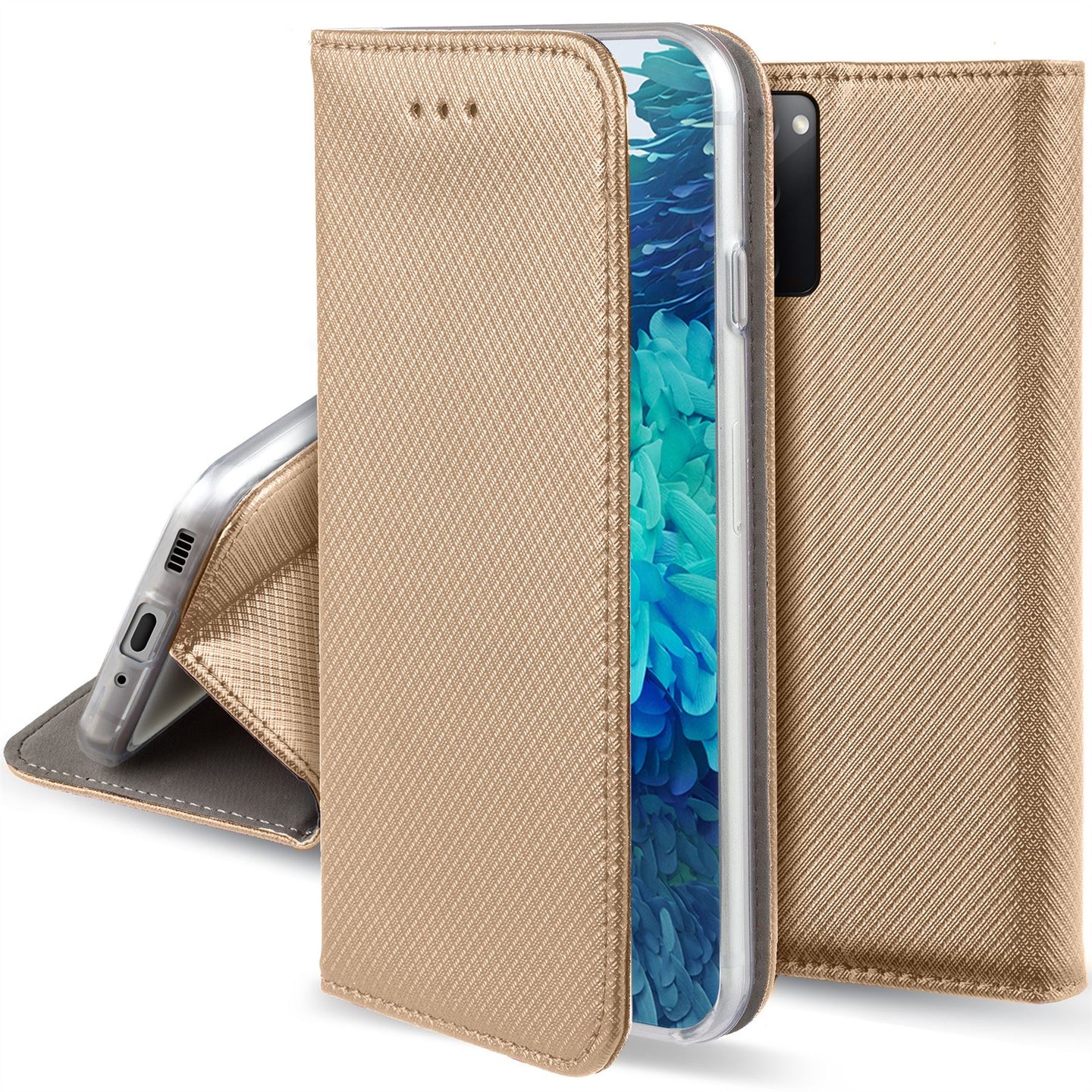 Moozy Case Flip Cover for Samsung S20 FE, Gold - Smart Magnetic Flip Case with Card Holder and Stand