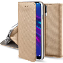 Ladda upp bild till gallerivisning, Moozy Case Flip Cover for Huawei Y6 2019, Gold - Smart Magnetic Flip Case with Card Holder and Stand
