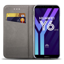 Załaduj obraz do przeglądarki galerii, Moozy Case Flip Cover for Huawei Y6 2018, Gold - Smart Magnetic Flip Case with Card Holder and Stand
