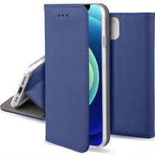 Lade das Bild in den Galerie-Viewer, Moozy Case Flip Cover for iPhone 12 mini, Dark Blue - Smart Magnetic Flip Case with Card Holder and Stand
