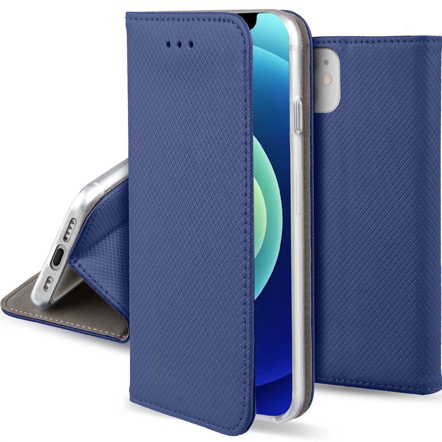 Moozy Case Flip Cover for iPhone 12 mini, Dark Blue - Smart Magnetic Flip Case with Card Holder and Stand