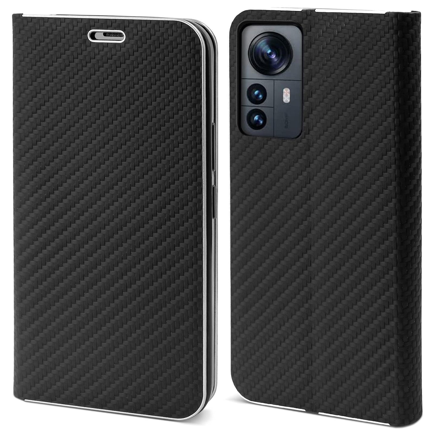 Moozy Wallet Case for Xiaomi 12 Pro, Black Carbon - Flip Case with Metallic Border Design Magnetic Closure Flip Cover with Card Holder and Kickstand Function