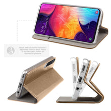 Cargar imagen en el visor de la galería, Moozy Case Flip Cover for Samsung A50, Gold - Smart Magnetic Flip Case with Card Holder and Stand
