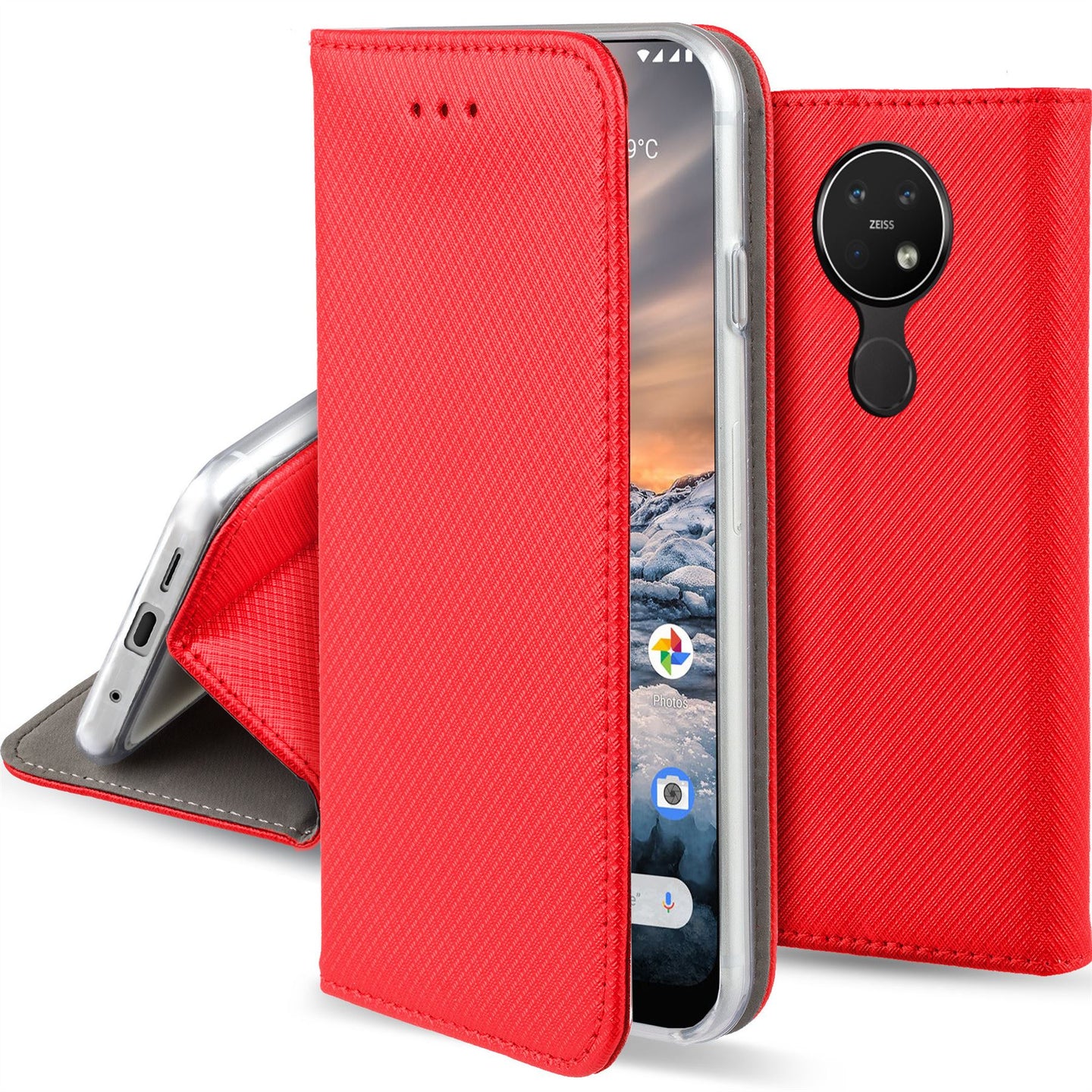 Moozy Case Flip Cover for Nokia 7.2, Nokia 6.2, Red - Smart Magnetic Flip Case with Card Holder and Stand