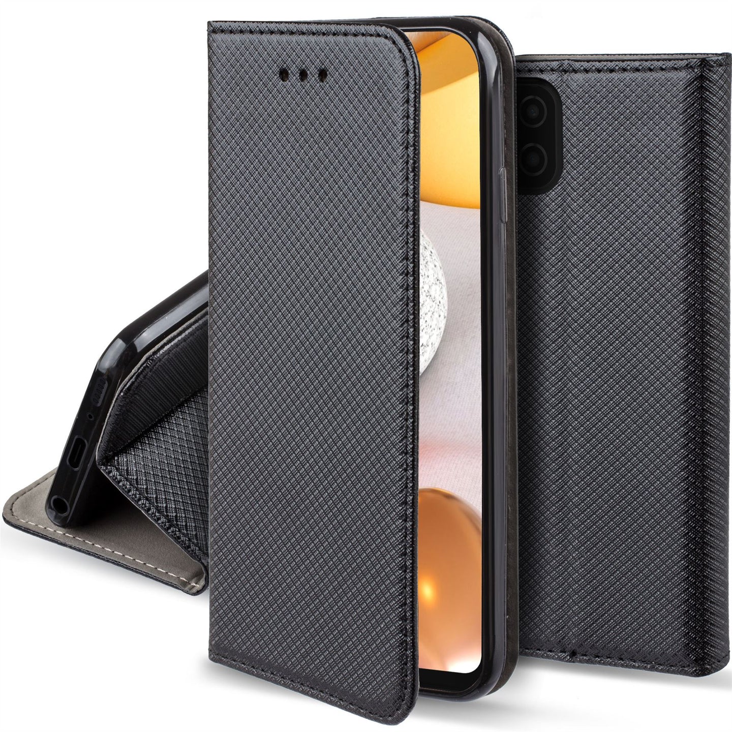 Moozy Case Flip Cover for Samsung A42 5G, Black - Smart Magnetic Flip Case with Card Holder and Stand