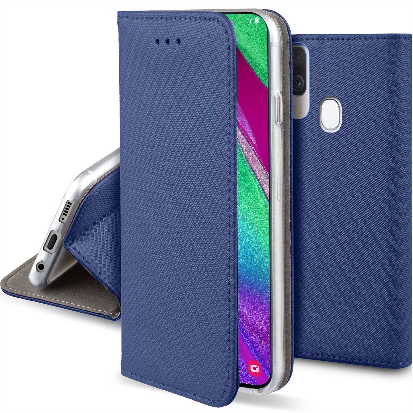 Moozy Case Flip Cover for Samsung A40, Dark Blue - Smart Magnetic Flip Case with Card Holder and Stand