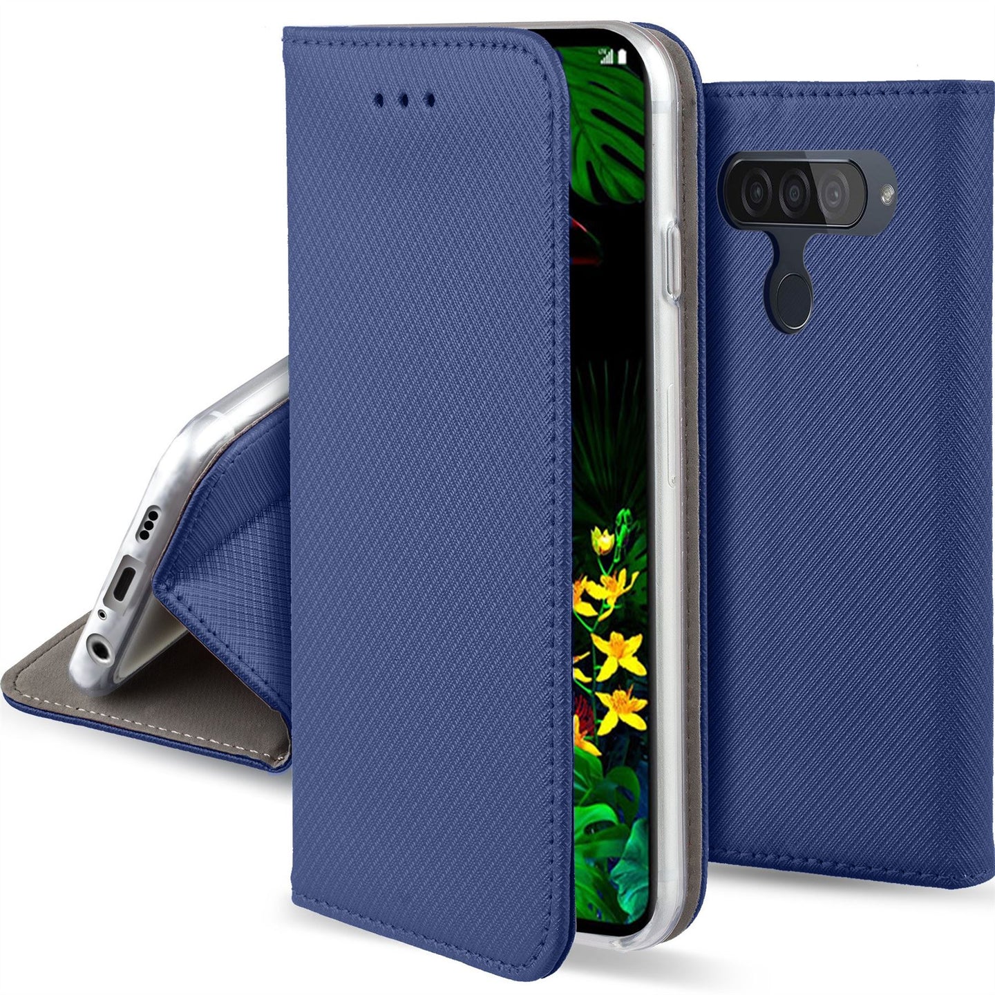 Moozy Case Flip Cover for LG G8S ThinQ, Dark Blue - Smart Magnetic Flip Case with Card Holder and Stand