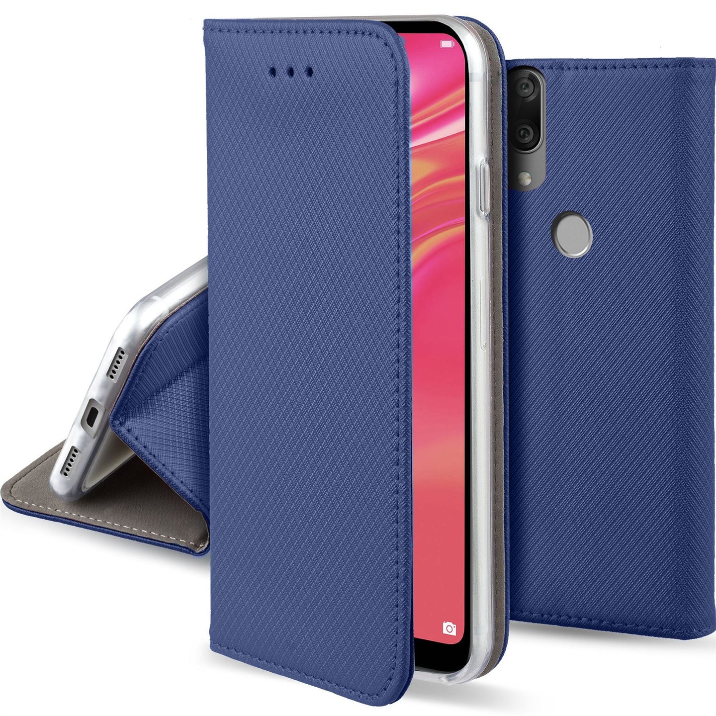 Moozy Case Flip Cover for Huawei Y7 2019, Huawei Y7 Prime 2019, Dark Blue - Smart Magnetic Flip Case with Card Holder and Stand