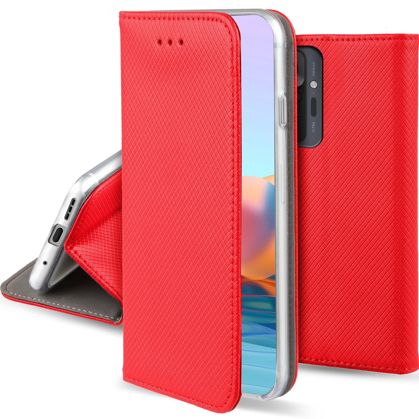 Moozy Case Flip Cover for Xiaomi Redmi Note 10 Pro and Redmi Note 10 Pro Max, Red - Smart Magnetic Flip Case Flip Folio Wallet Case