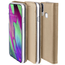 Load image into Gallery viewer, Moozy Case Flip Cover for Samsung A40, Gold - Smart Magnetic Flip Case with Card Holder and Stand
