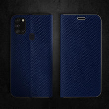 Załaduj obraz do przeglądarki galerii, Moozy Wallet Case for Samsung A21s, Dark Blue Carbon – Metallic Edge Protection Magnetic Closure Flip Cover with Card Holder
