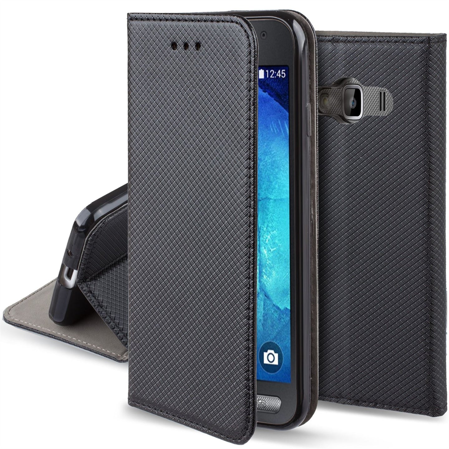 Moozy Case Flip Cover for Samsung Xcover 3, Black - Smart Magnetic Flip Case with Card Holder and Stand