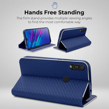 Załaduj obraz do przeglądarki galerii, Moozy Wallet Case for Huawei Y6 2019, Dark Blue Carbon – Metallic Edge Protection Magnetic Closure Flip Cover with Card Holder

