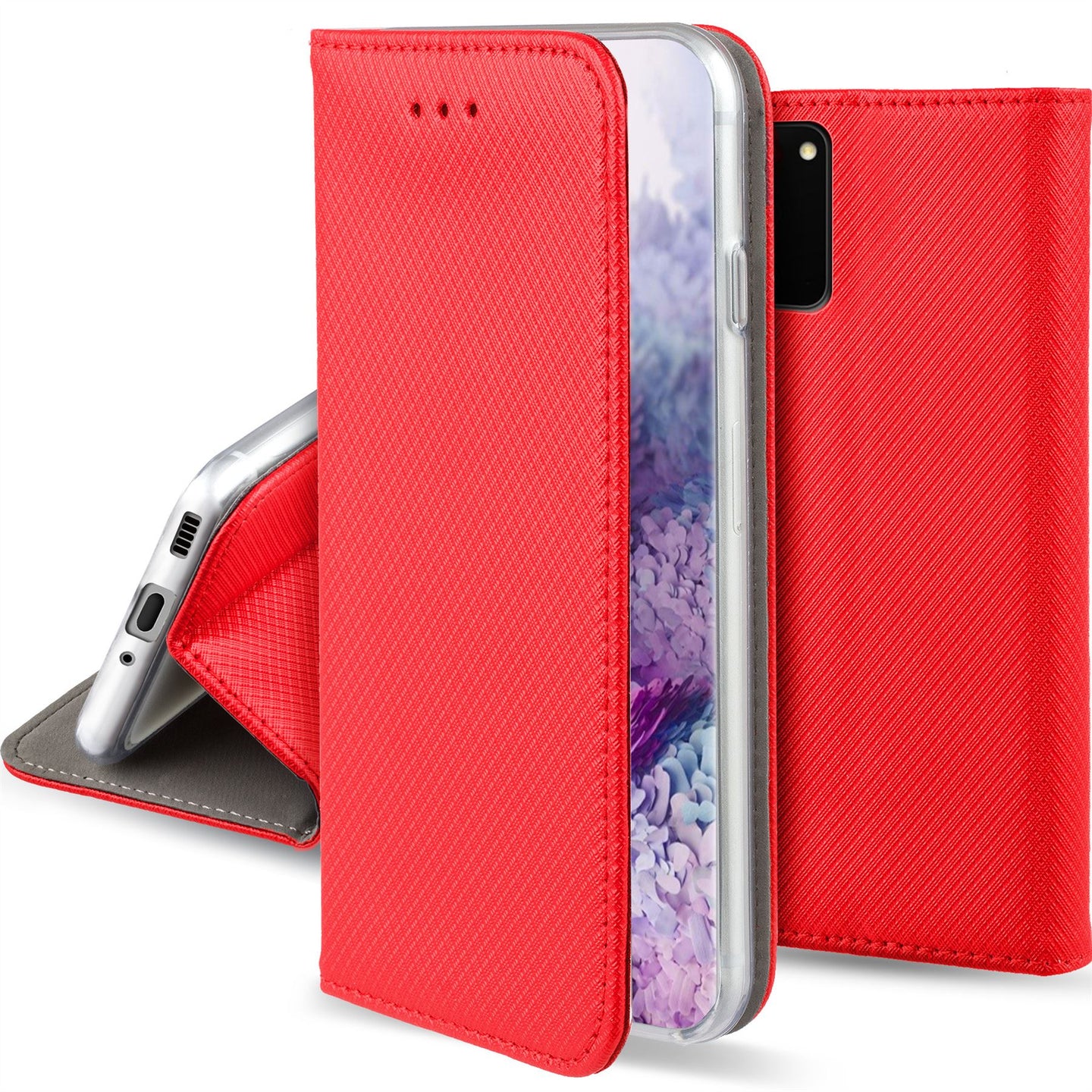 Moozy Case Flip Cover for Samsung S20 Plus, Red - Smart Magnetic Flip Case with Card Holder and Stand