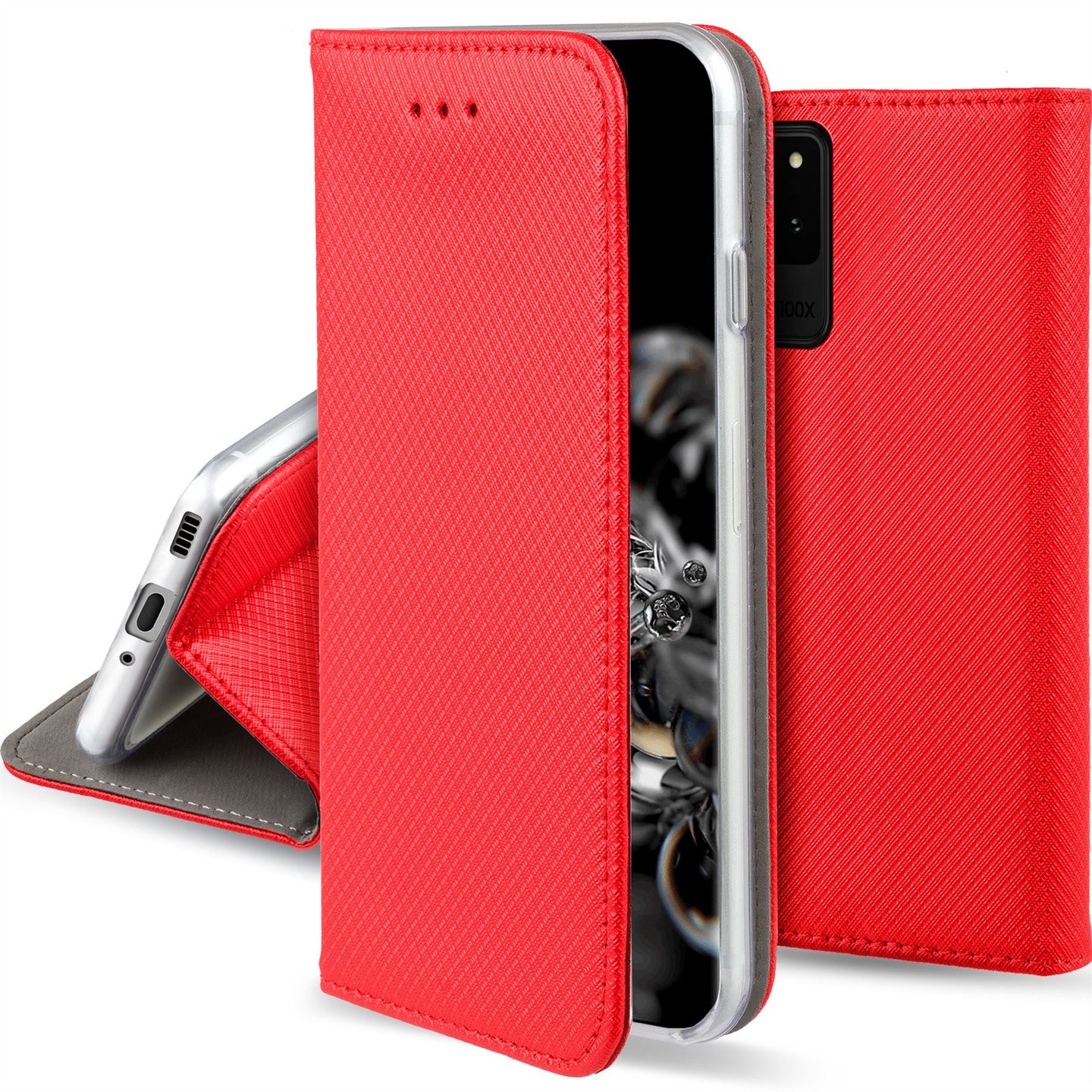 Moozy Case Flip Cover for Samsung S20 Ultra, Red - Smart Magnetic Flip Case with Card Holder and Stand