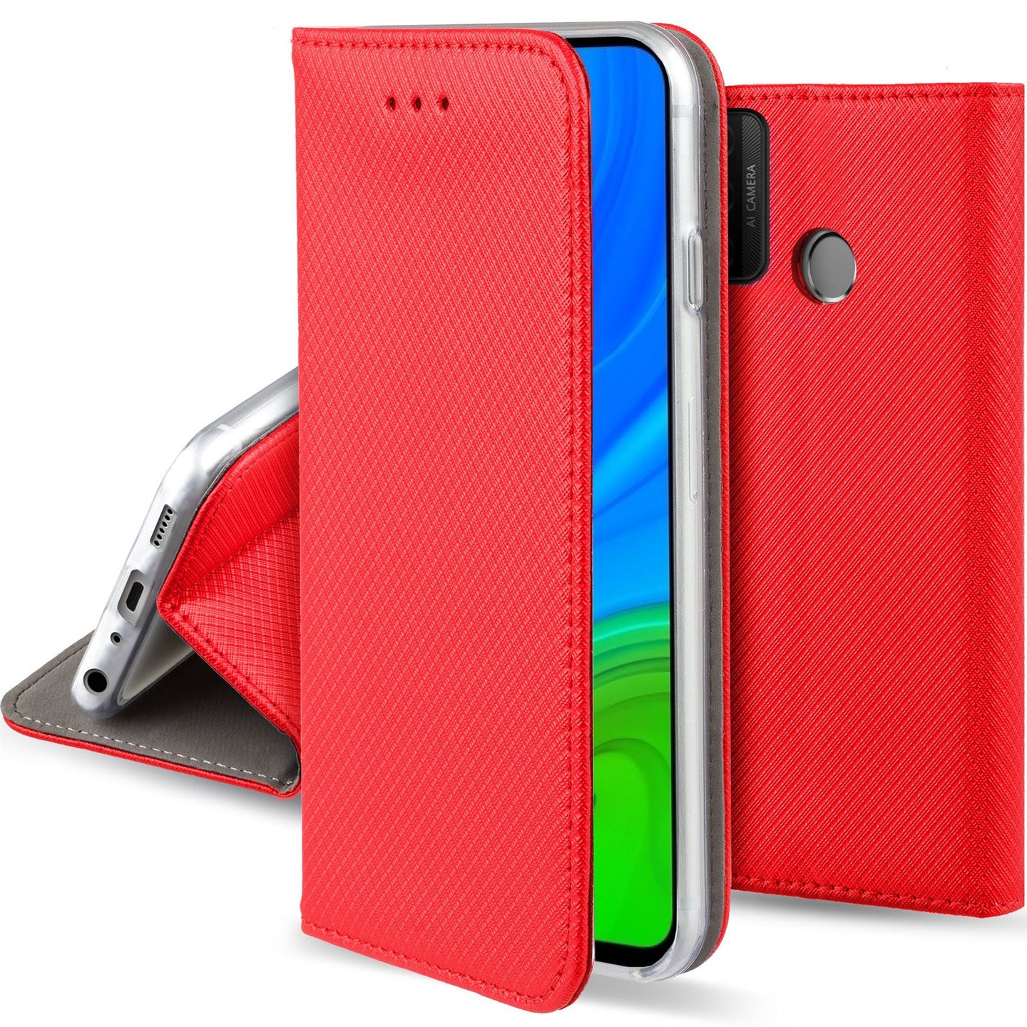 Moozy Case Flip Cover for Huawei P Smart 2020, Red - Smart Magnetic Flip Case with Card Holder and Stand