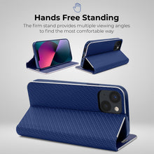 Afbeelding in Gallery-weergave laden, Moozy Wallet Case for iPhone 13 Mini, Dark Blue Carbon – Flip Case with Metallic Border Design Magnetic Closure Flip Cover with Card Holder
