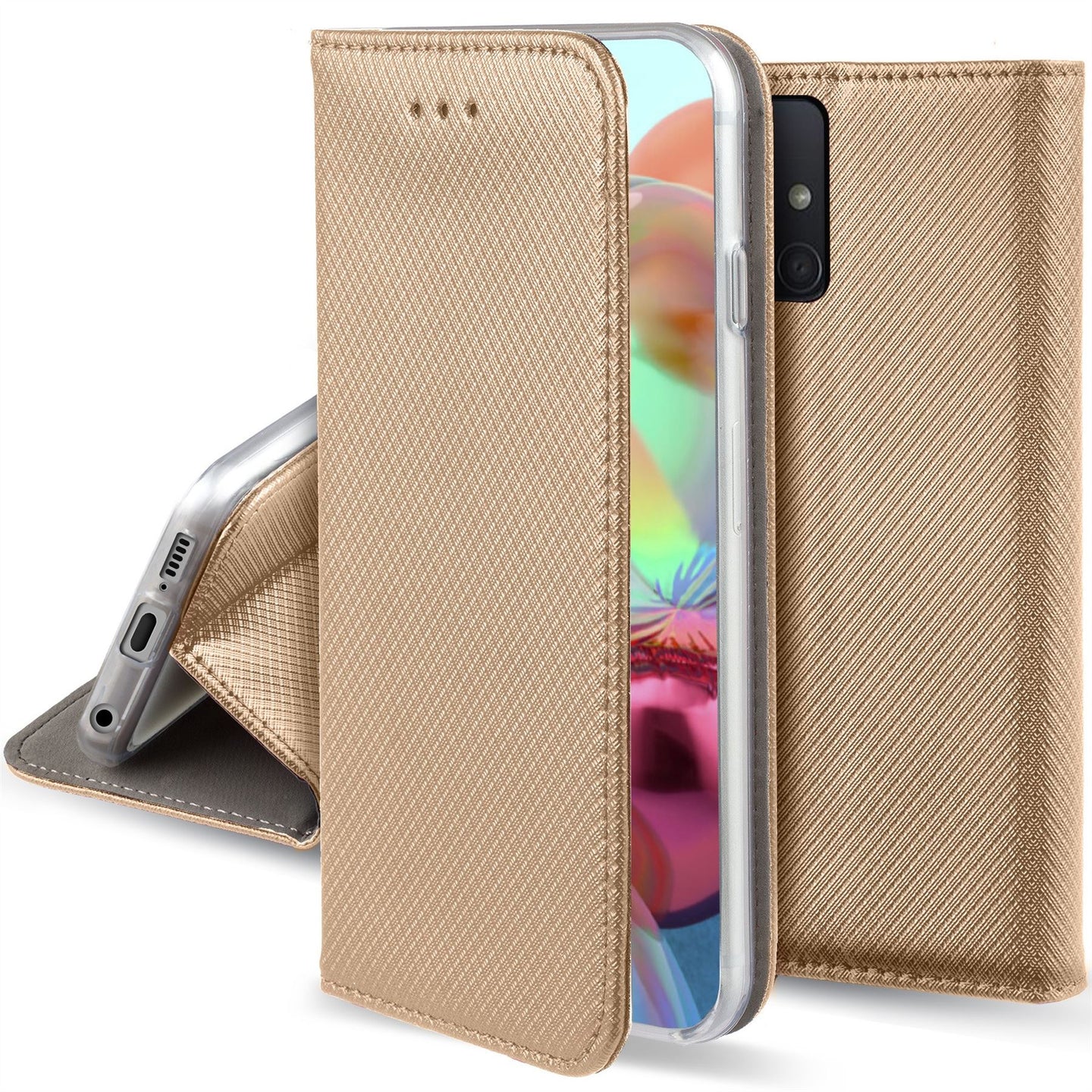 Moozy Case Flip Cover for Samsung A71, Gold - Smart Magnetic Flip Case with Card Holder and Stand