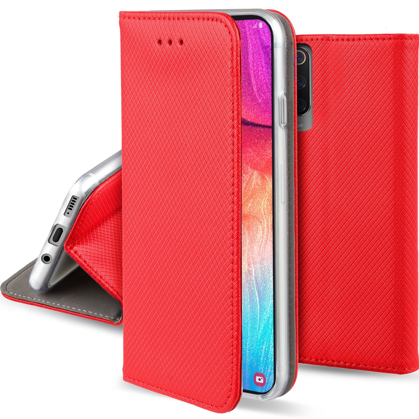 Moozy Case Flip Cover for Samsung A50, Red - Smart Magnetic Flip Case with Card Holder and Stand