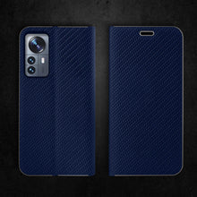 Load image into Gallery viewer, Moozy Wallet Case for Xiaomi 12 Pro, Dark Blue Carbon - Flip Case with Metallic Border Design Magnetic Closure Flip Cover with Card Holder and Kickstand Function
