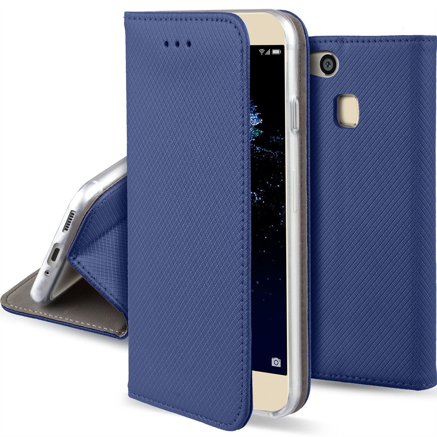 Moozy Case Flip Cover for Huawei P10 Lite, Dark Blue - Smart Magnetic Flip Case with Card Holder and Stand