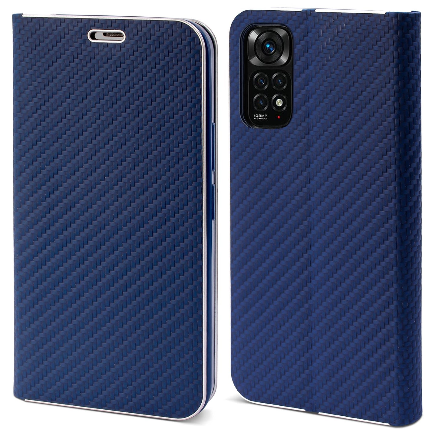 Moozy Wallet Case for Xiaomi Redmi Note 11 / 11S, Dark Blue Carbon - Flip Case with Metallic Border Design Magnetic Closure Flip Cover with Card Holder and Kickstand Function