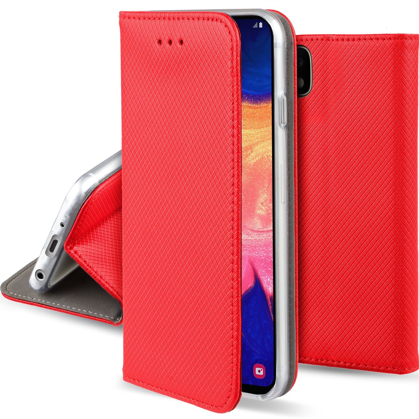 Moozy Case Flip Cover for Samsung A10, Red - Smart Magnetic Flip Case with Card Holder and Stand
