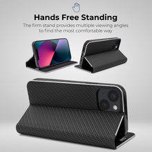 Lade das Bild in den Galerie-Viewer, Moozy Wallet Case for iPhone 13, Black Carbon – Flip Case with Metallic Border Design Magnetic Closure Flip Cover with Card Holder

