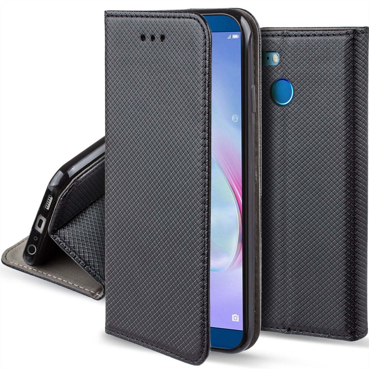 Moozy Case Flip Cover for Huawei Honor 9 Lite, Black - Smart Magnetic Flip Case with Card Holder and Stand