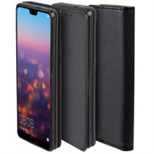 Load image into Gallery viewer, Moozy Case Flip Cover for Huawei P20, Black - Smart Magnetic Flip Case with Card Holder and Stand
