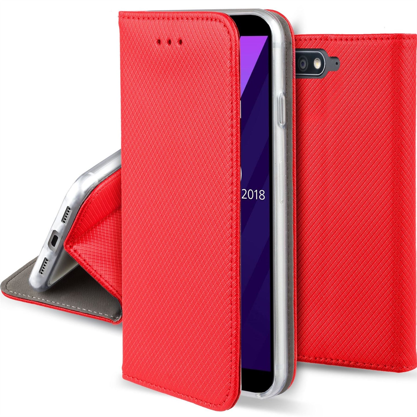 Moozy Case Flip Cover for Huawei Y6 2018, Red - Smart Magnetic Flip Case with Card Holder and Stand