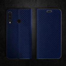 Afbeelding in Gallery-weergave laden, Moozy Wallet Case for Huawei P30 Lite, Dark Blue Carbon – Metallic Edge Protection Magnetic Closure Flip Cover with Card Holder
