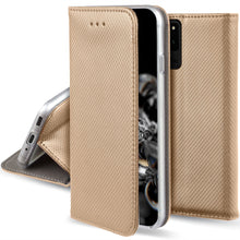 Carica l&#39;immagine nel visualizzatore di Gallery, Moozy Case Flip Cover for Samsung S20 Ultra, Gold - Smart Magnetic Flip Case with Card Holder and Stand
