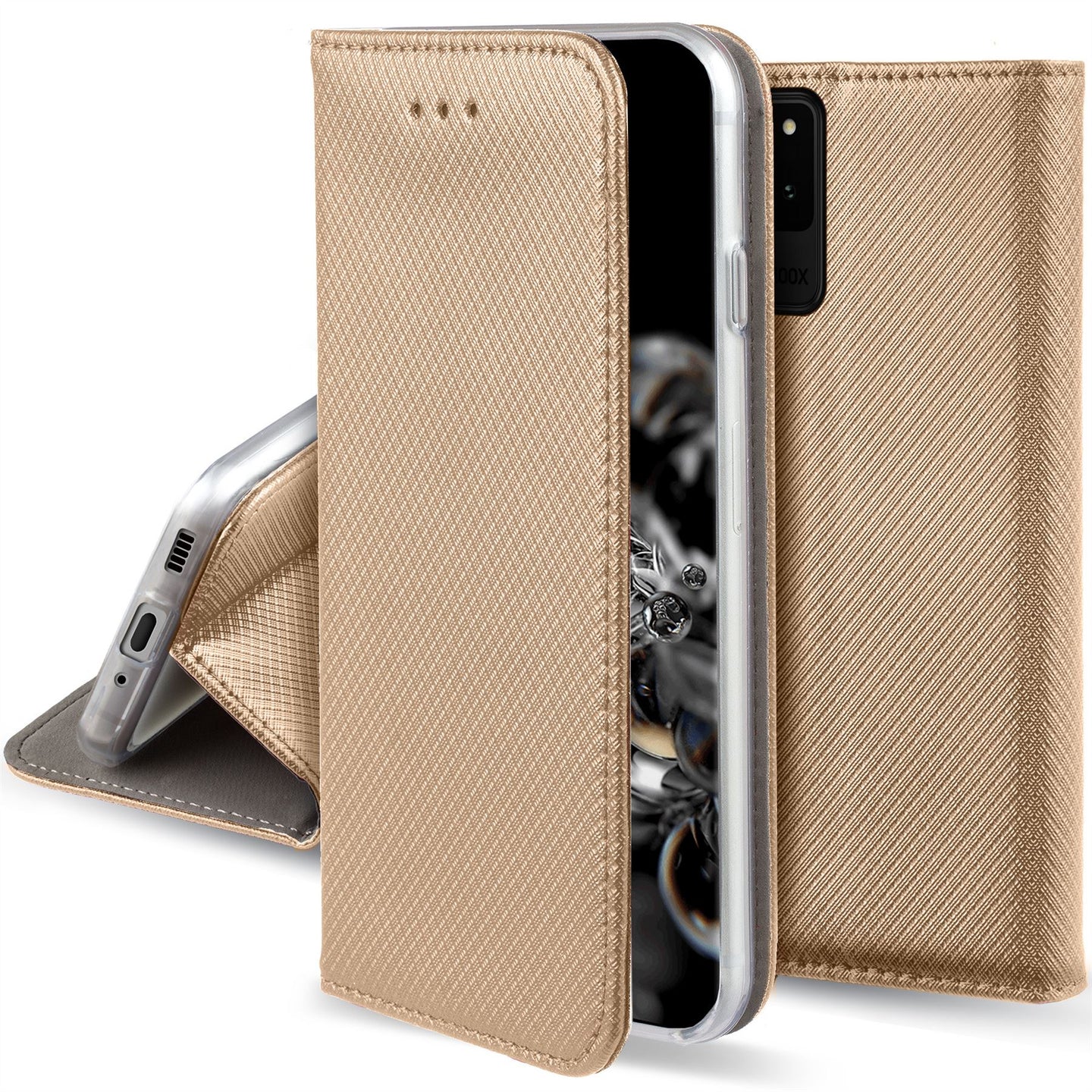 Moozy Case Flip Cover for Samsung S20 Ultra, Gold - Smart Magnetic Flip Case with Card Holder and Stand