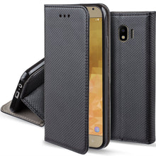 Carica l&#39;immagine nel visualizzatore di Gallery, Moozy Case Flip Cover for Samsung J4, Black - Smart Magnetic Flip Case with Card Holder and Stand
