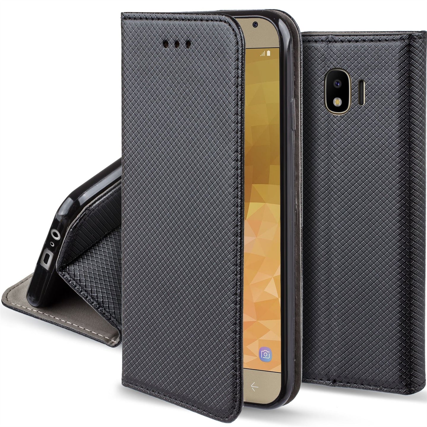 Moozy Case Flip Cover for Samsung J4, Black - Smart Magnetic Flip Case with Card Holder and Stand