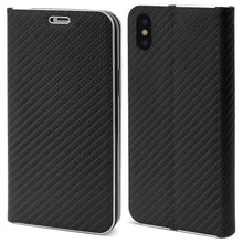 Afbeelding in Gallery-weergave laden, Moozy Wallet Case for iPhone X, iPhone XS, Black Carbon – Metallic Edge Protection Magnetic Closure Flip Cover with Card Holder
