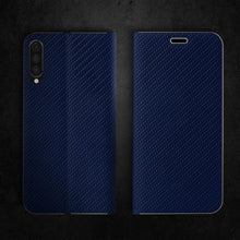Ladda upp bild till gallerivisning, Moozy Wallet Case for Samsung A50, Dark Blue Carbon – Metallic Edge Protection Magnetic Closure Flip Cover with Card Holder
